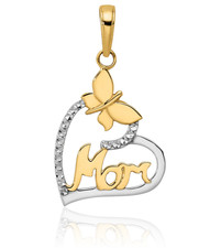 14K Solid Two Tone Gold Large Butterfly Mom Heart Pendant Necklace 26.74mm picture
