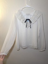 LOFT Women’s Medium Petite White Polka Dot Ruffle Collar Blouse NWT picture