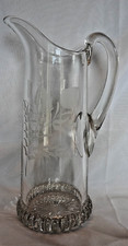 Antique Etched Glass Pitcher Botanical Leaves Berries Cut Starburst Base 10.5