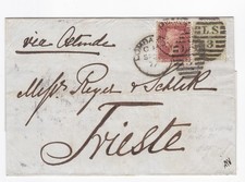 1877 QV 1d RED PL199 + 4d SAGE GREEN STAMP PL15 ON WRAPPER TO TRIESTE AUSTRIA picture