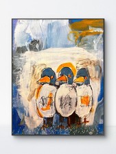 SAMATOWIC Original 11x14 Expressionist Three Penguins Together Painting Signed picture