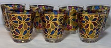 Set 7 Georges Briard Signed MCM Gold blue flower Decor Glasses picture