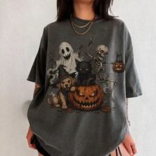 Retro Halloween Shirt, Y2K  Tee, Vintage Black Cat Ghost Skeleton picture
