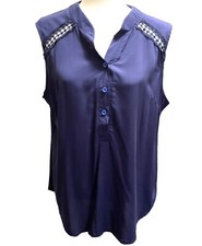 Soteer Women’s Sleeveless Blouse Top Size XL Navy Blue Crochet Inserts New picture