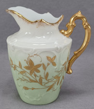 Bac et Perigault Limoges Raised Gold Floral Green & White Creamer C.1897-1917 picture