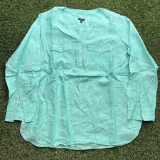 Talbots Plus Size X Henley Linen Blouse Long Sleeve Button Pocket Top Teal picture