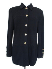 St John BASICS Black Santana Knit Cardigan Jacket Gold Logo Buttons Sz 8 Women picture