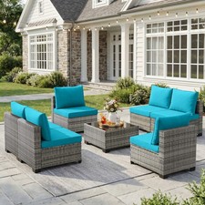 7 PCS Patio Set Wicker Sofa Sectional with Glass Table for Backyard Deck 6 Seat picture