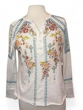 Sundance Catalog White Embroidered Floral Henley Top Blouse picture