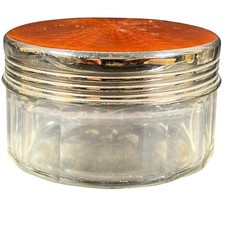 Antique German Guilloche Enamel Vanity Jar Orange Sunburst Glass Art Deco Box picture