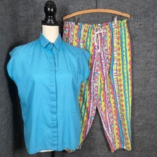 Vintage 80s Pinwheels Pants Set M Neon Geometric High Waist Blouse Two Piece picture