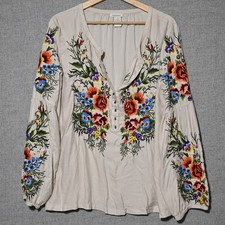 Sundance Peasant Blouse Womens Embroidered Floral Balloon Sleeve L Beige India picture
