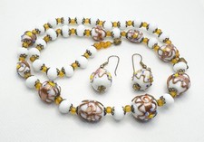 Vtg Venetian Murano White Wedding Cake Beads Necklace & Earrings Set Pretty 20” picture