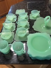 Fancy Square Jade 26 pc dessert set New Martinsville Viking Uranium Glass Jadite picture
