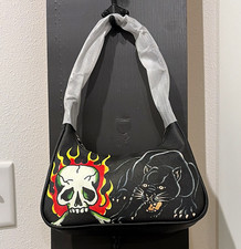 Ed Hardy Black Skull Flames Panther Logo Small Crescent Shoulder Bag Zip picture