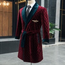 Burgundy Men's Smoking Jacket Velvet with Belt Long Overcoat Evening Party Robe picture