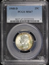 1948-D Washington Quarter PCGS MS-67 - Fireball Reverse Toning picture
