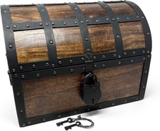 Nautical Cove Handmade Wooden Treasure Chest Storage Box Real Leather Accents picture