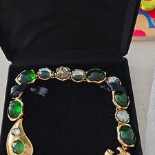 Tory Burch Green Crystal Gold Tone Logo Statement Necklace picture