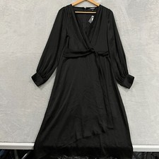 Express Maxi Wrap Dress Medium M Long Sleeve Satin Black Belted Asymmetrical picture