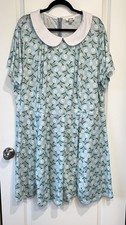 Unique Vintage Retro Blue Daisy Fit & Flare Dress Peter Pan Collar 5X/26 BB116 picture