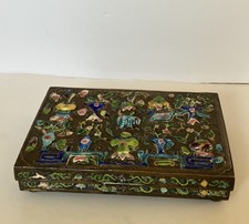 Antique Cloisonné Enameled On Brass Hinged Lidded Trinket Box 6.5 X 4.5 Inches picture