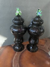 Pair rare Antique Venetian Glass apothecary Jar Urn W/Applied Flowers Lid Finial picture