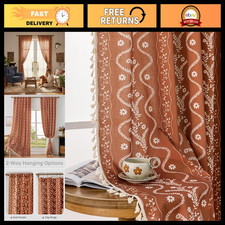 Burnt Orange Farmhouse Curtains 2 Panels, Boho Vintage Floral Tassel 84