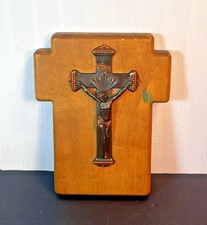 Vintage Mid-Century Solid Bronze Corpus Crucifix  - Wooden Cross Wall Plaque picture