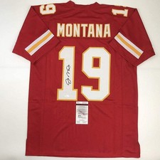 Autographed/Signed JOE MONTANA Kansas City Red Football Jersey JSA COA Auto picture