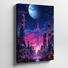 Futuristic Cityscape Canvas Wall Art Neon Skyline Moon Urban Night Scene Print picture
