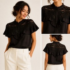 Rebecca Taylor Black Silk Lace Ruffle Blouse Flutter Sleeve Mock Neck Womens 6 picture