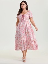 NWT BloomChic Romantic Floral Ruched Bodice Stretchy Waist Midi Dress Watermelon picture
