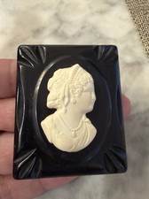 Art Deco Black Bakelite Cameo Brooch Vintage Victorian Revival Carved Frame Pin picture