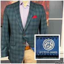 Tom James Custom Tailored Blazer Sport Coat Mens 40R Wool Green/Blue/Black picture