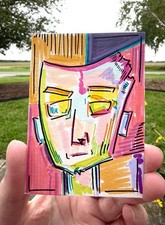 aceo original art colorful abstract face drawing picture
