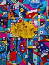 abstract pop art acrylic painting of Austin, Texas. Bats at night. picture