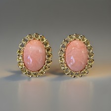 Vintage Paolo Gucci Pink Coral Gold Rope Couture Runway Earrings Cabochon 1.5” picture