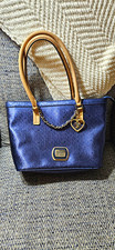 GUESS Blue Logo Tote Zip Top Double Handles Beige Strap Bag Charm Pockets picture