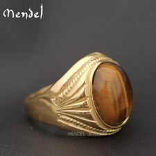MENDEL Mens Stainless Steel Gold Plated Natural Tiger Eye Stone Ring Size 7-15 picture