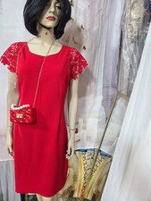 Women’s Red Solid Sheath Dress Size L Square Neck Lace Cap Sleeve Knee Length picture