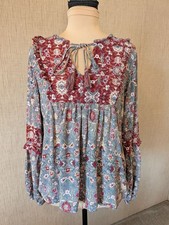 Knox Rose Blue & Burgundy Floral Tie-Neck Peasant Blouse picture