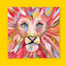 🦁 WOW Vintage Original Lion Oil Painting Pink Pastel Majestic Leo ♌️ picture