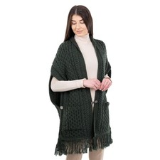 SAOL 100% Merino Wool  Aran Knit Shawl for Women, Irish Cape Cardigan, Pockets picture