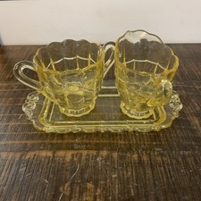 Vintage Hocking Glass Yellow Block Optic Creamer Sugar Set with Tray Topaz 1930s picture
