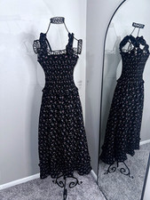 GU Black Floral Smocked Ruffle Strap Square Neck Maxi Dress Sleeveless S picture