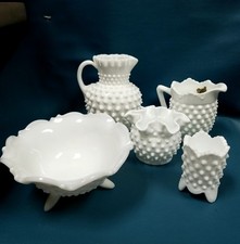 VTG Fenton Hobnail Milk Glass 5 Pc Asst Dishes Candle Holder Creamer picture