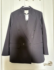 H&M Women's Gray Double-Breasted Blazer S Peak Lapel 4-Button Solid picture
