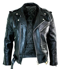 Men's Motorcycle Leather jacket Genuine Buffalo Skin Brando Style Black Biker picture