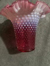 VINTAGE FENTON CRANBERRY OPALESCENT HOBNAIL RUFFLED VASE picture